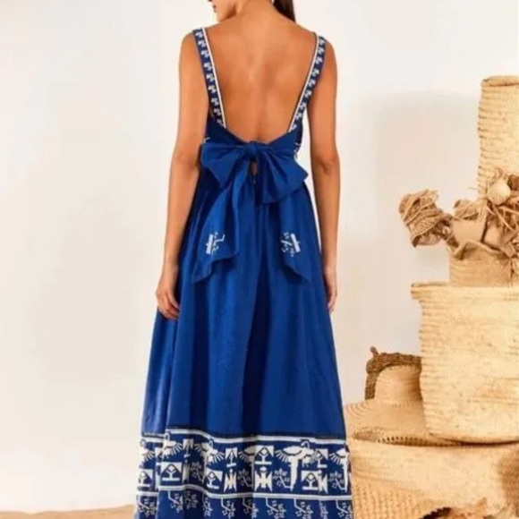 FARM RIO ANTHROPOLOGIE NWOT MACAW EMBROIDERED MAXI BLUE DRESS XS - Picture 7 of 16